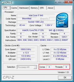 CPU-Z: Core i7 940: 4cores, 8threads